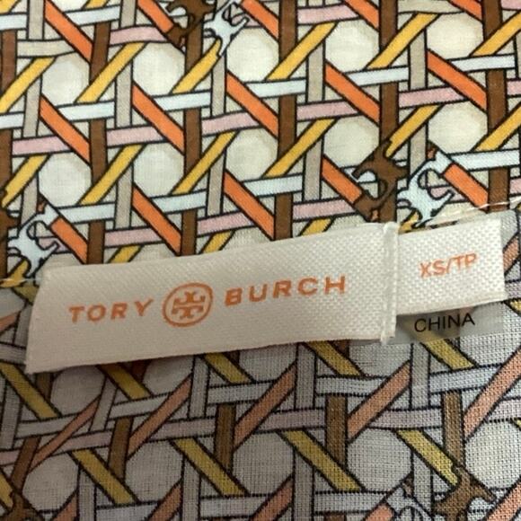 Tory Burch Multi Geometric Basket Weave Print Voile Tassel V-Neck Tunic Top XS - Picture 4 of 6